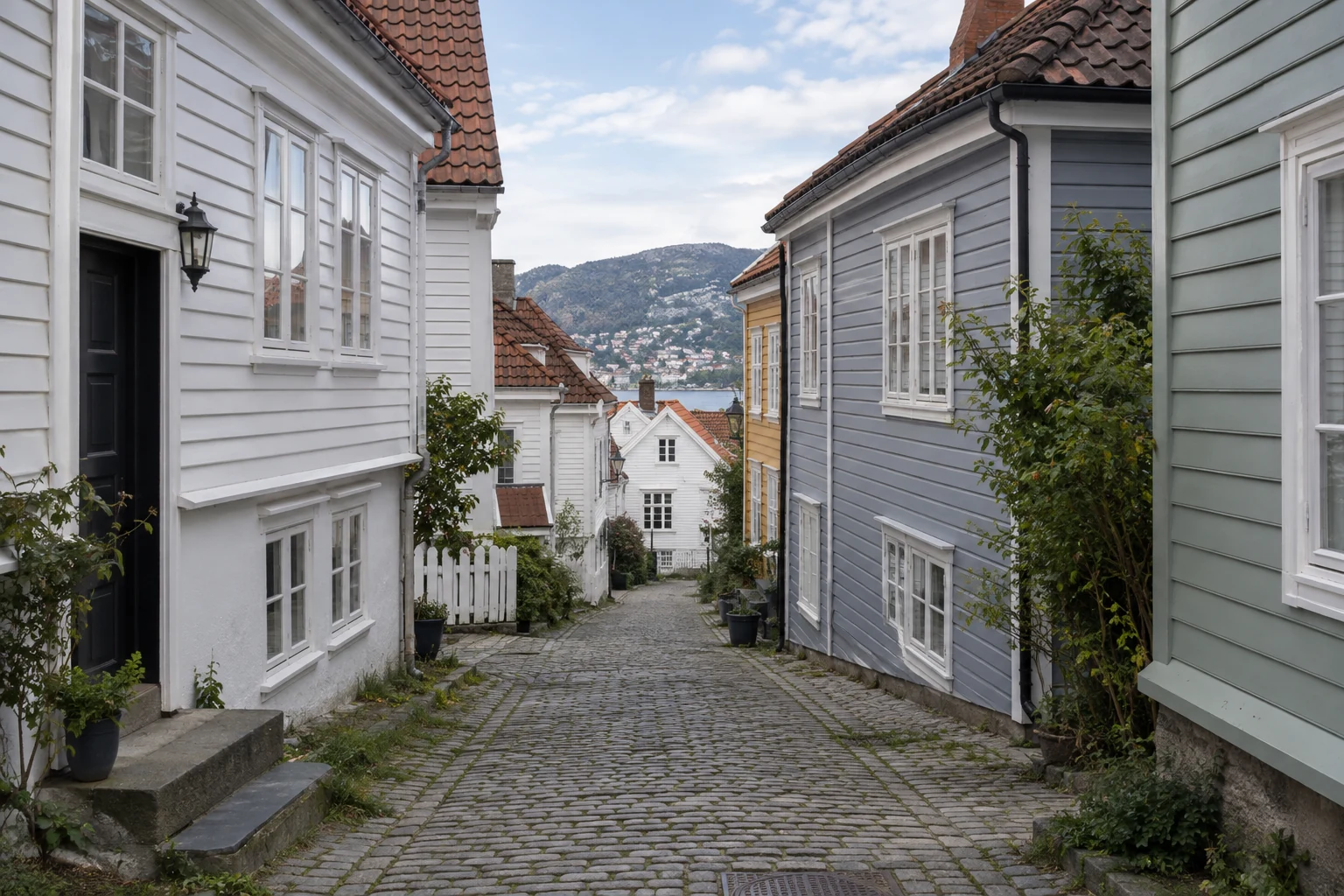Tett trehusbebyggelse langs smal gate