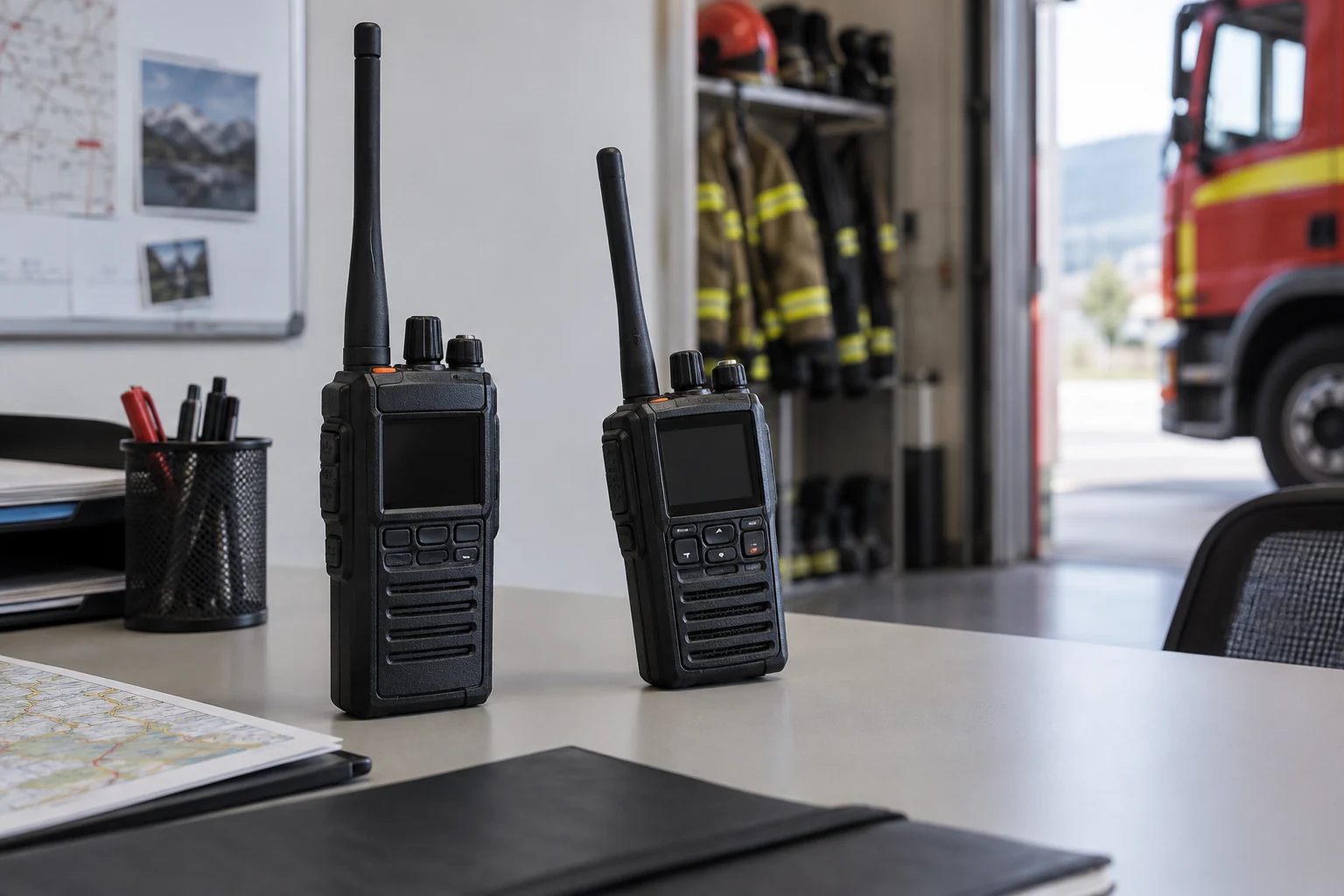 To håndholdte radioer på benk