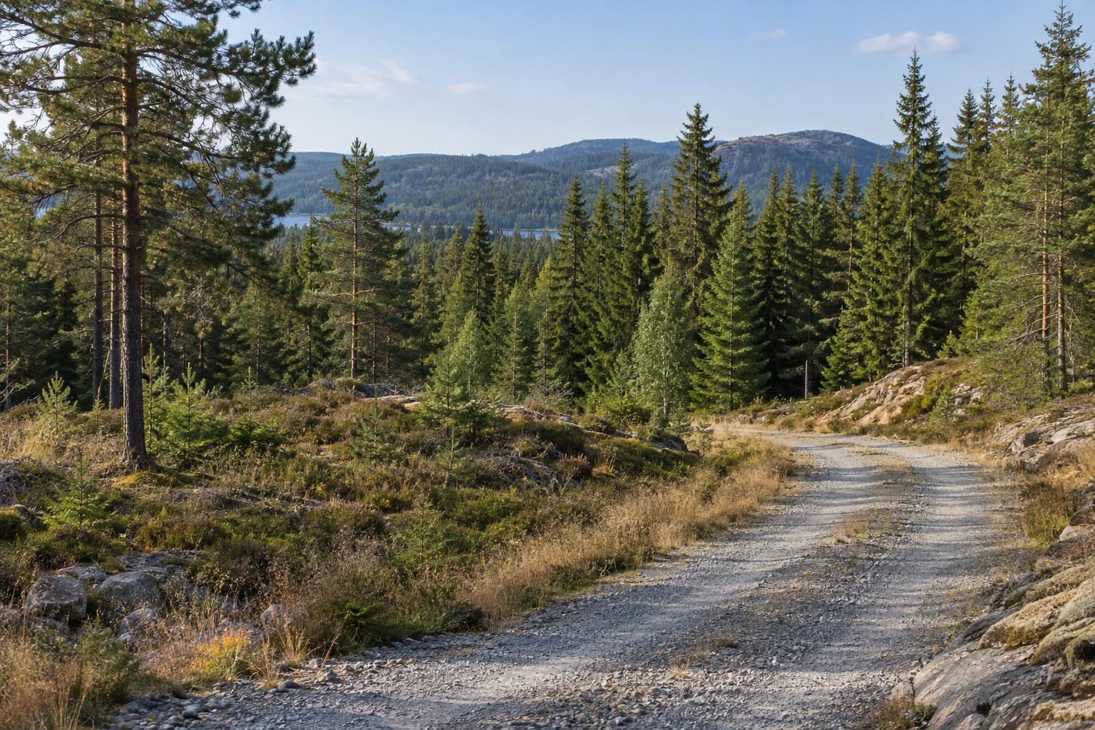 Skog og grusvei i norsk terreng
