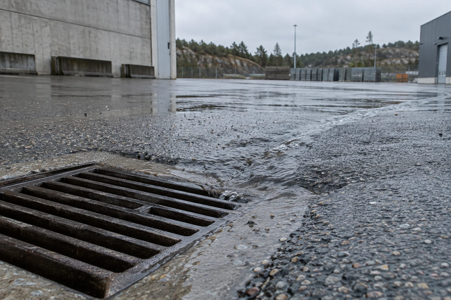 Regnvann renner over asfalt og ned i et sluk på et tomt industriområde.